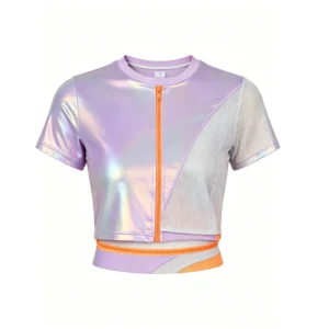 Iridescent zip up mesh panel workout crop top